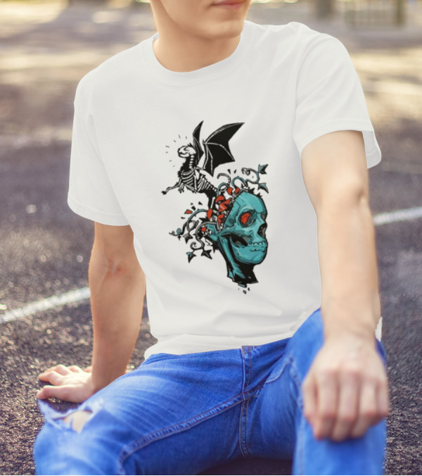 Scott Buoncristiano Skeleton Head With Dragon And Red Accents T-Shirt