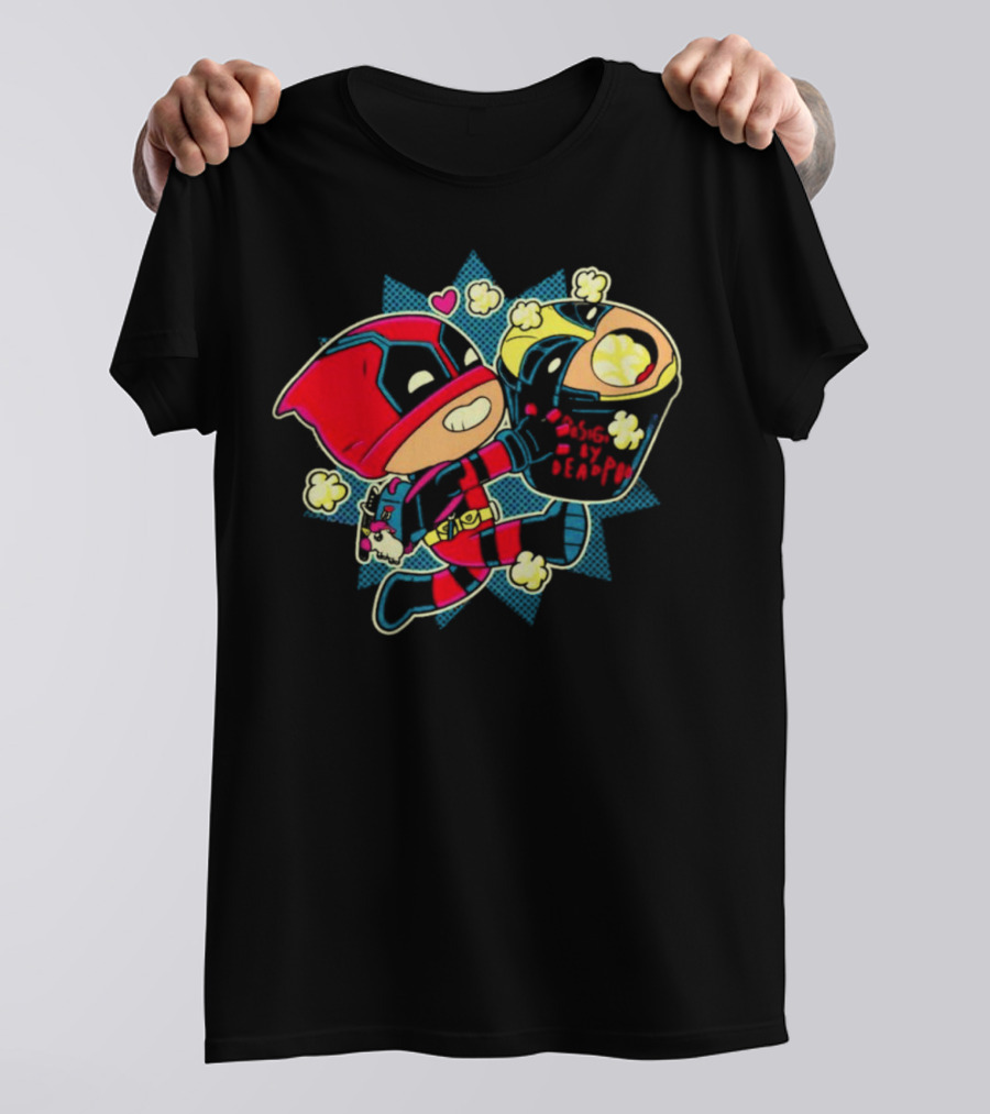 Deadpool Wolverine Pushing By Deadpool Popcorn Buckets Heart T-Shirt