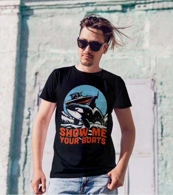 Orca Breaching Waves With Speedboat Show Me Your Boats T-Shirt