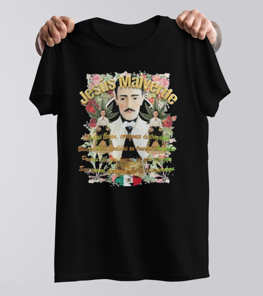 Jesús Malverde Iconic Figure With Flowers And Mexican Flag T-Shirt