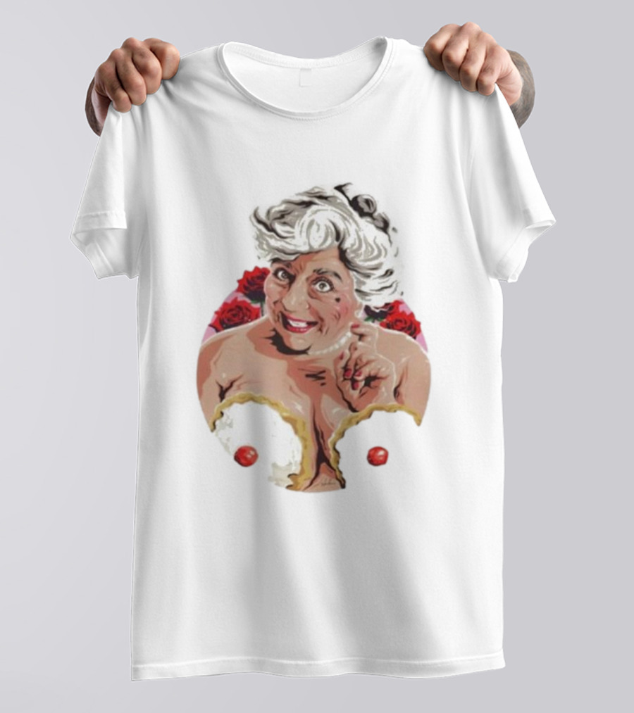 Nordacious Miriam Margolyes Humorous Portrait With Cakes And Roses T-Shirt