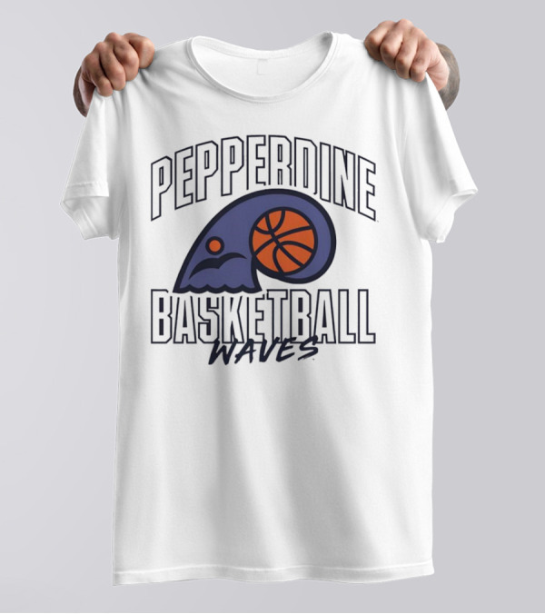 Pepperdine Waves Basketball Logo With Orange Basketball And Wave T-Shirt
