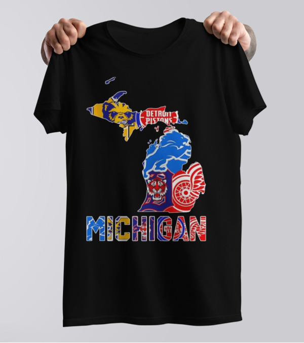 Michigan Sports Teams Logos Map Detroit Pistons Lions Tigers Red Wings T-Shirt