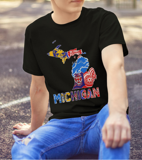 Michigan Sports Teams Logos Map Detroit Pistons Lions Tigers Red Wings T-Shirt