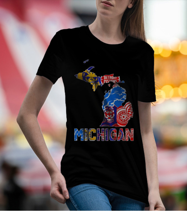 Michigan Sports Teams Logos Map Detroit Pistons Lions Tigers Red Wings T-Shirt