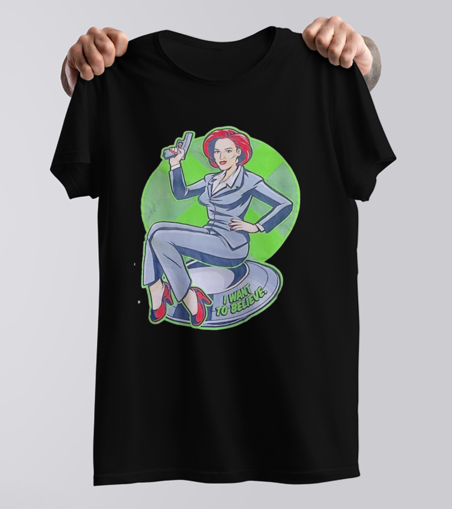 Gillian Anderson I Want To Believe Retro Cartoon Alien T-Shirt