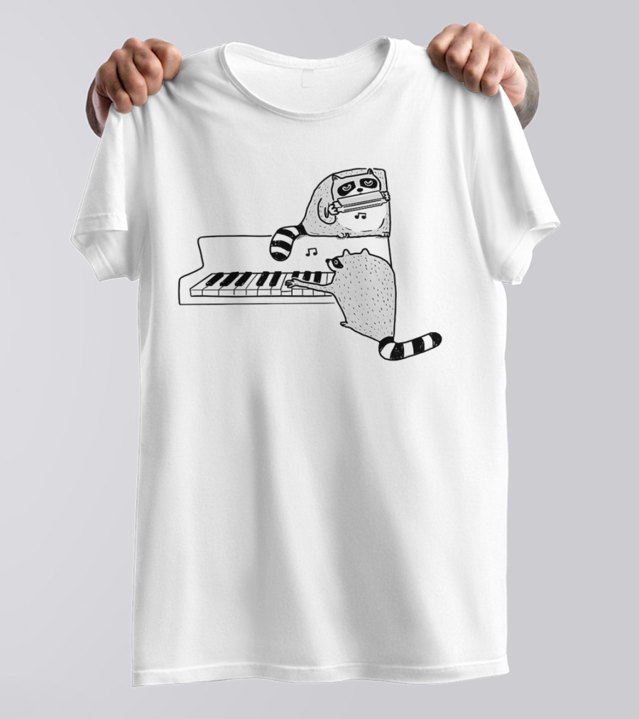 Racoon Playing Piano Nocturnal Musicians With Harmonica Duo T-Shirt