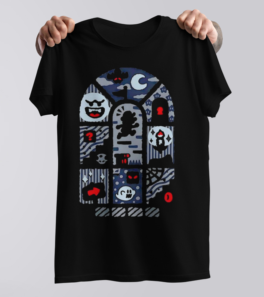 Super Mario World Ghost House Scene Elements Featuring Boo, Skull, And Keyhole T-Shirt