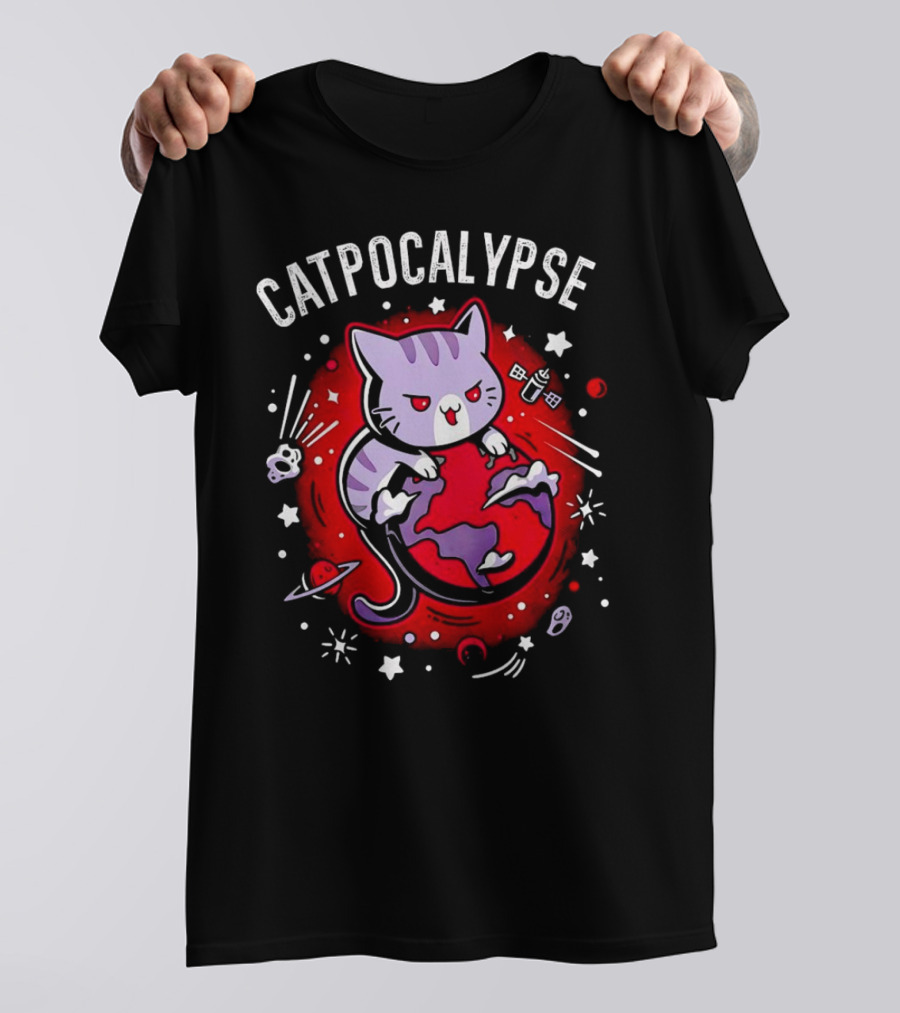 Catpocalypse Cat Battling Earth Amidst Cosmic Chaos T-Shirt