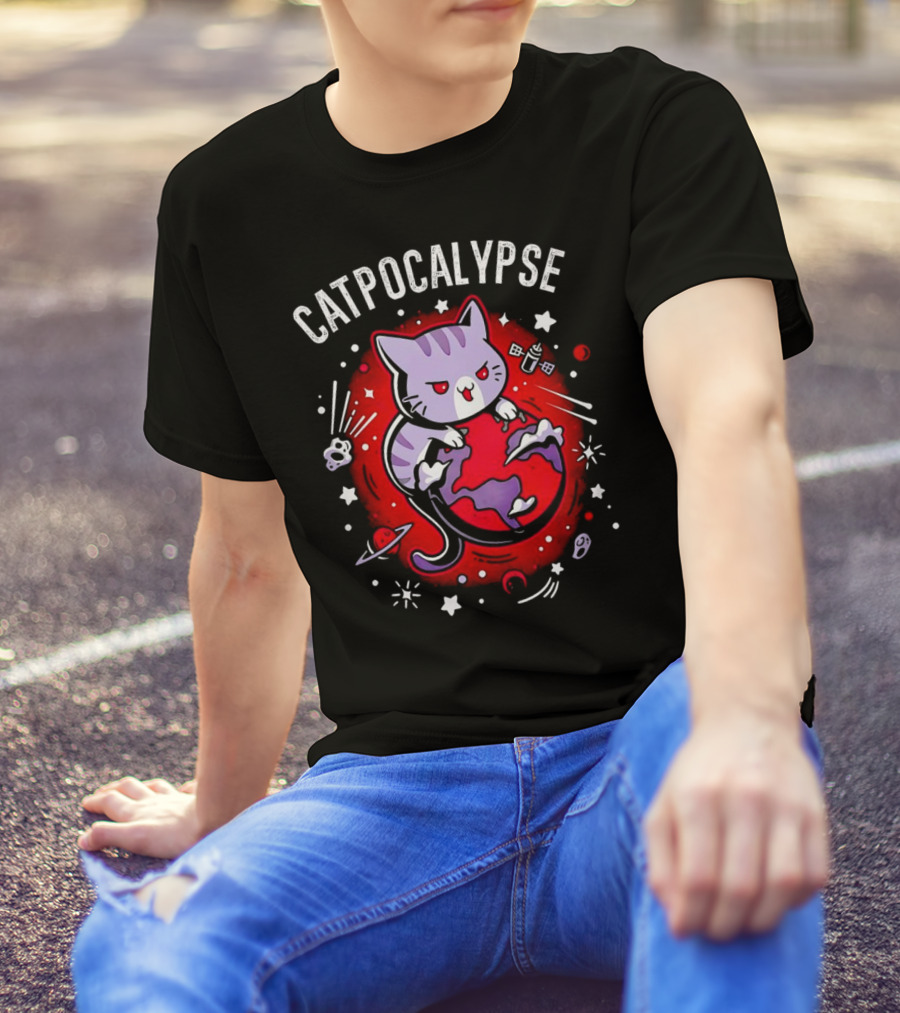 Catpocalypse Cat Battling Earth Amidst Cosmic Chaos T-Shirt