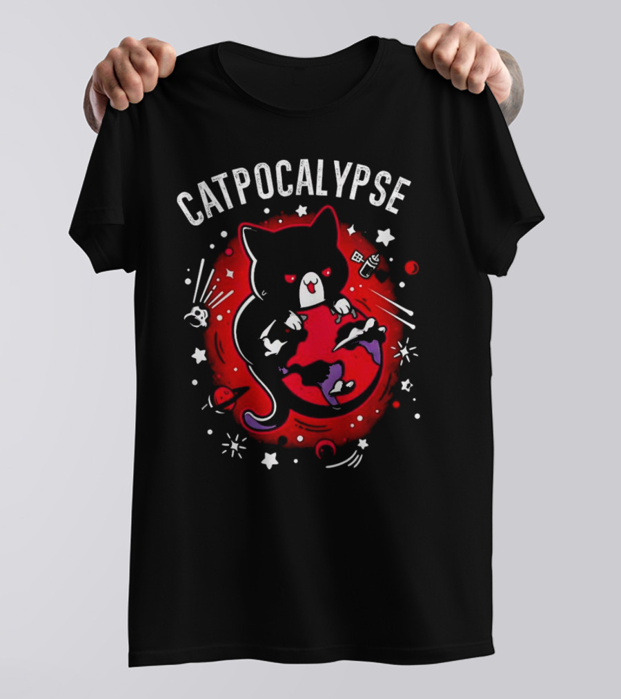 Catpocalypse Red Cat Holding Earth Surrounded By Space Elements T-Shirt