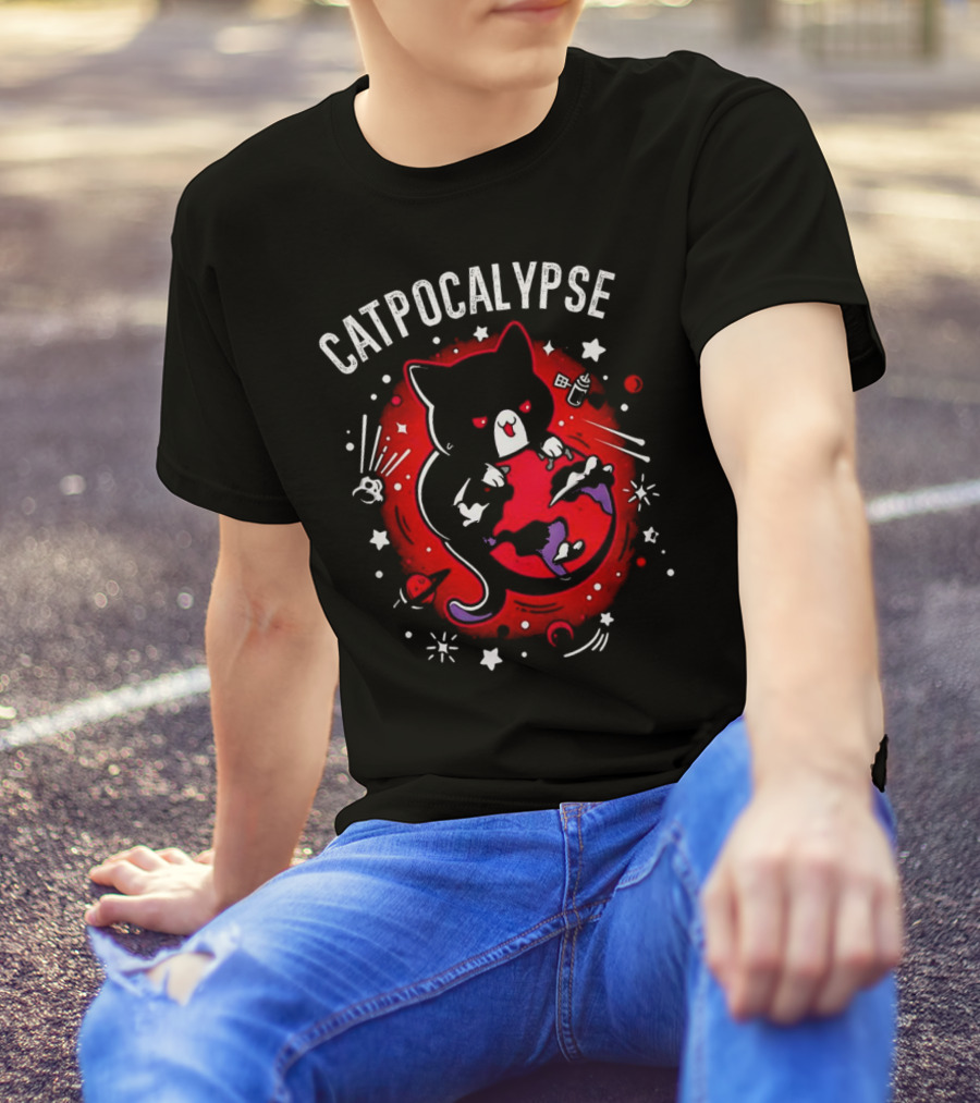 Catpocalypse Red Cat Holding Earth Surrounded By Space Elements T-Shirt