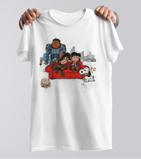 Peanuts Characters On Red Couch With Fallout Power Armor In Apocalypse Scene T-Shirt