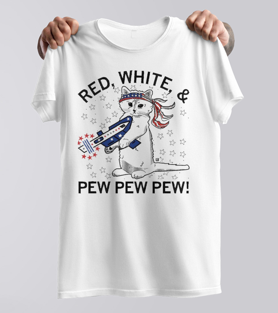 Red White And Pew Pew Pew Cat With Stars And Stripes Headband And Laser Gun T-Shirt