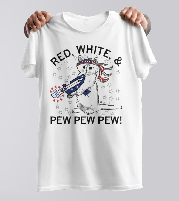 Red White And Pew Pew Pew Cat With Stars And Stripes Headband And Laser Gun T-Shirt