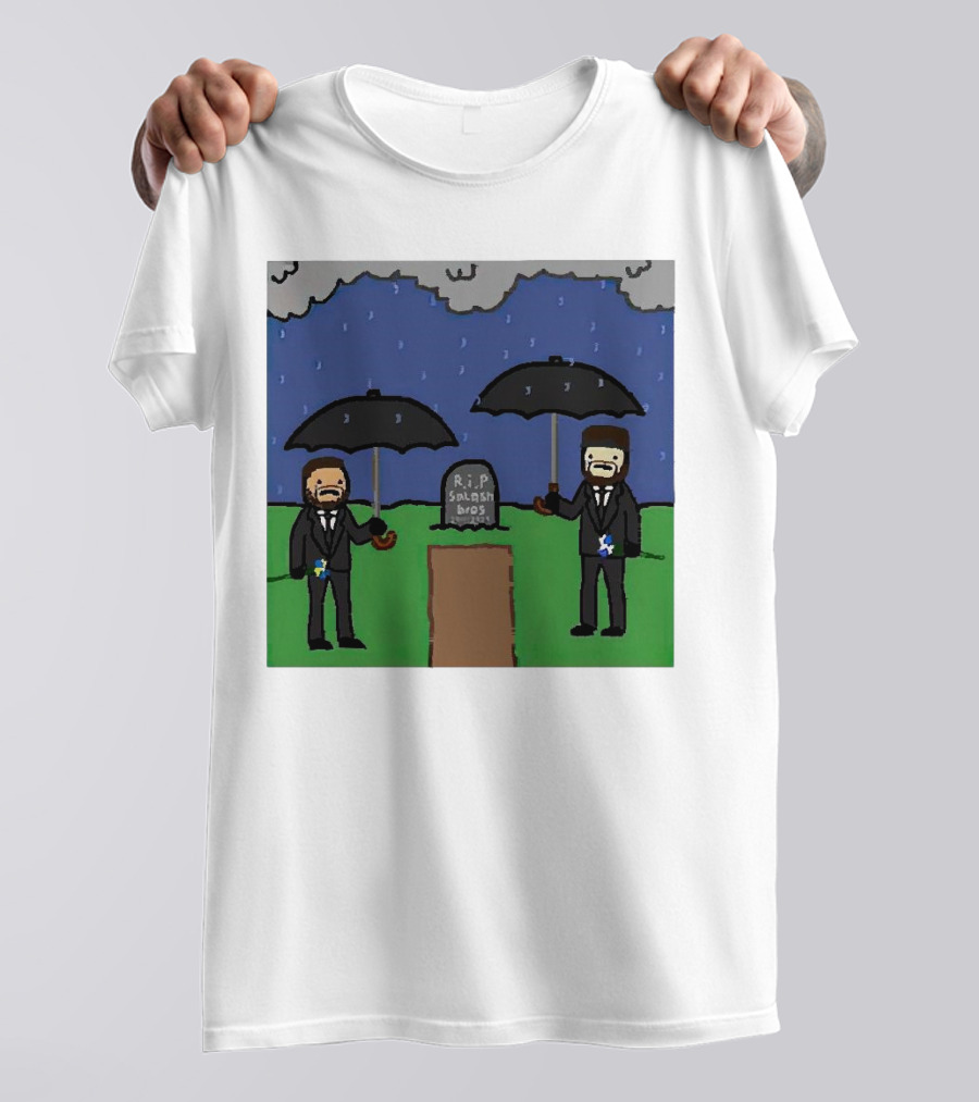 RIP SplashBros Cartoon Memorial With Suited Figures Holding Black Umbrellas T-Shirt