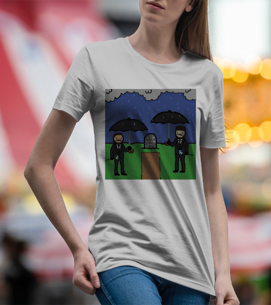 RIP SplashBros Cartoon Memorial With Suited Figures Holding Black Umbrellas T-Shirt