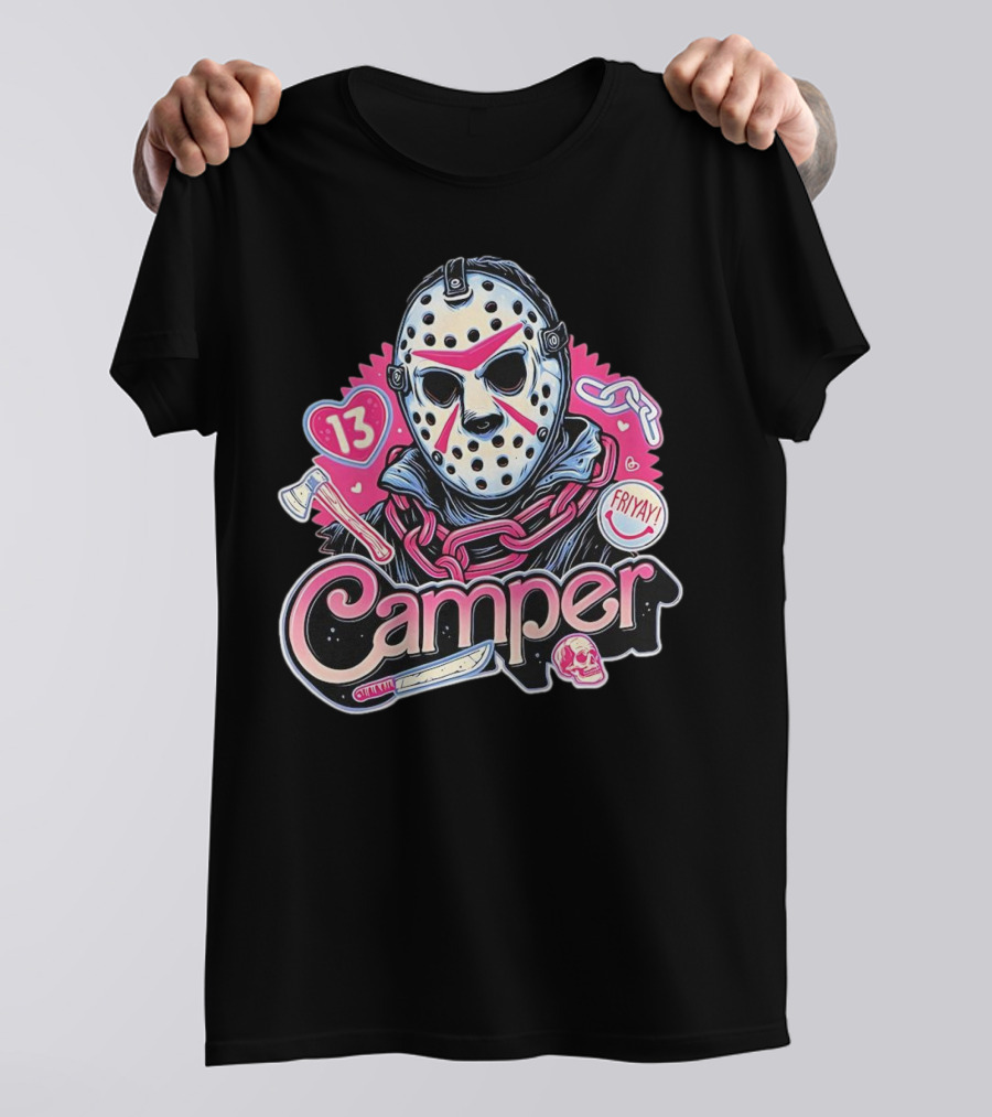Camper 13 Jason Voorhees Mask And Chains With Ax And Knife Friyay Hearts T-Shirt