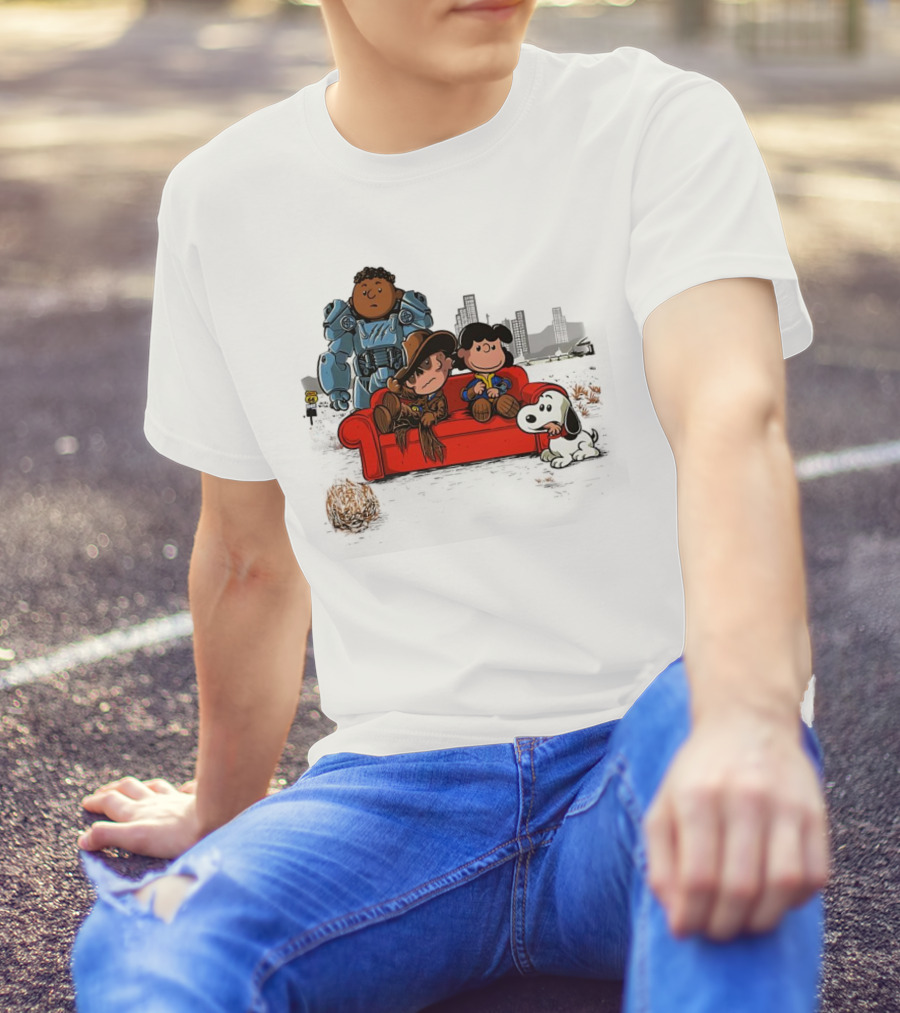 Peanuts Fallout Characters Crossover On Red Couch In Post-Apocalyptic City Scene T-Shirt