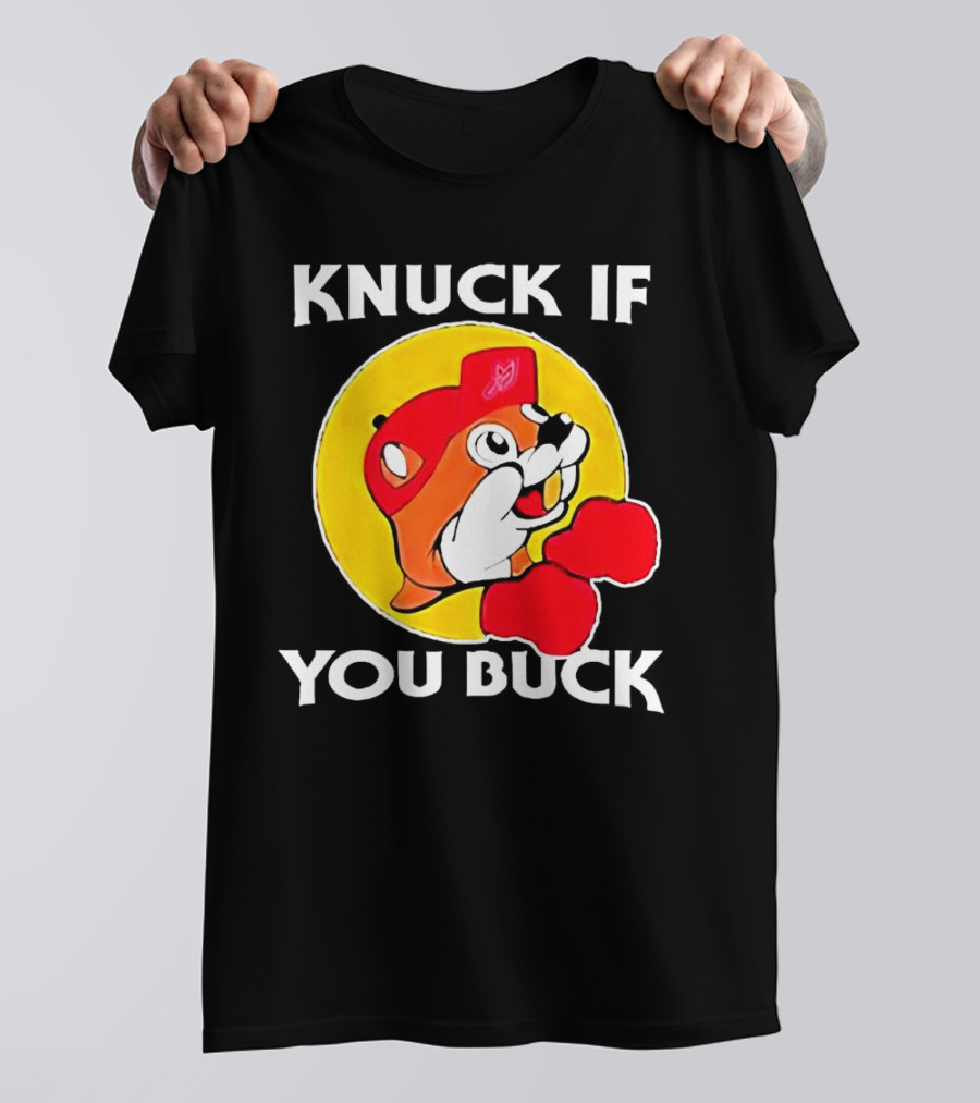 Knuck If You Buck Buc Ees Logo Red Cap Yellow Circle Boxing Gloves T-Shirt