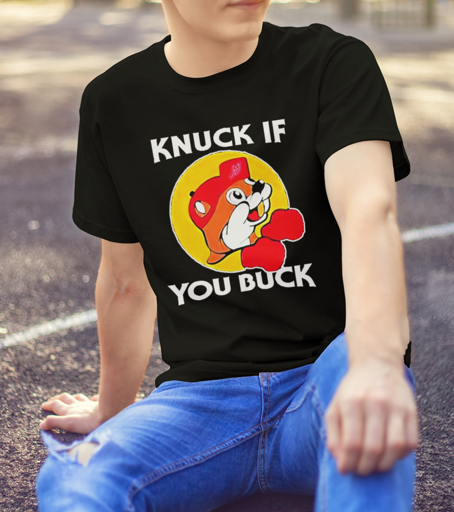 Knuck If You Buck Buc Ees Logo Red Cap Yellow Circle Boxing Gloves T-Shirt