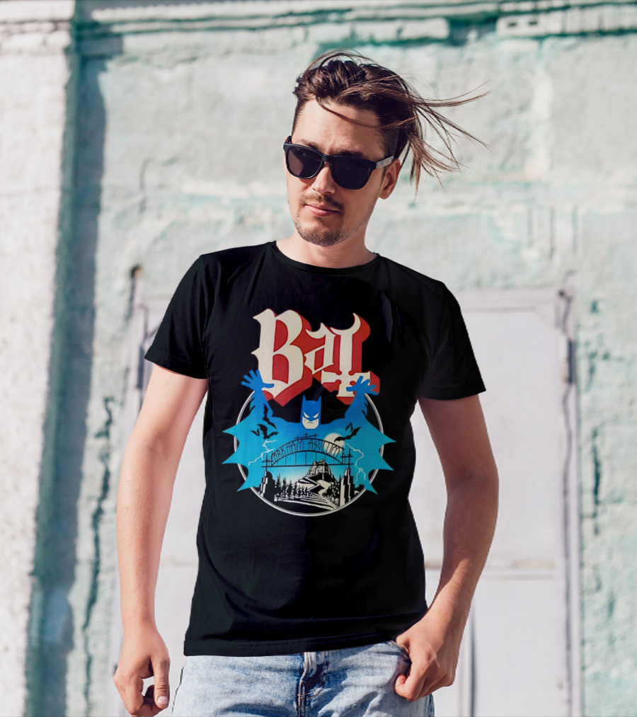 Bat Gotham Asylum Blue Bat Symbol And Red Gothic Font T-Shirt