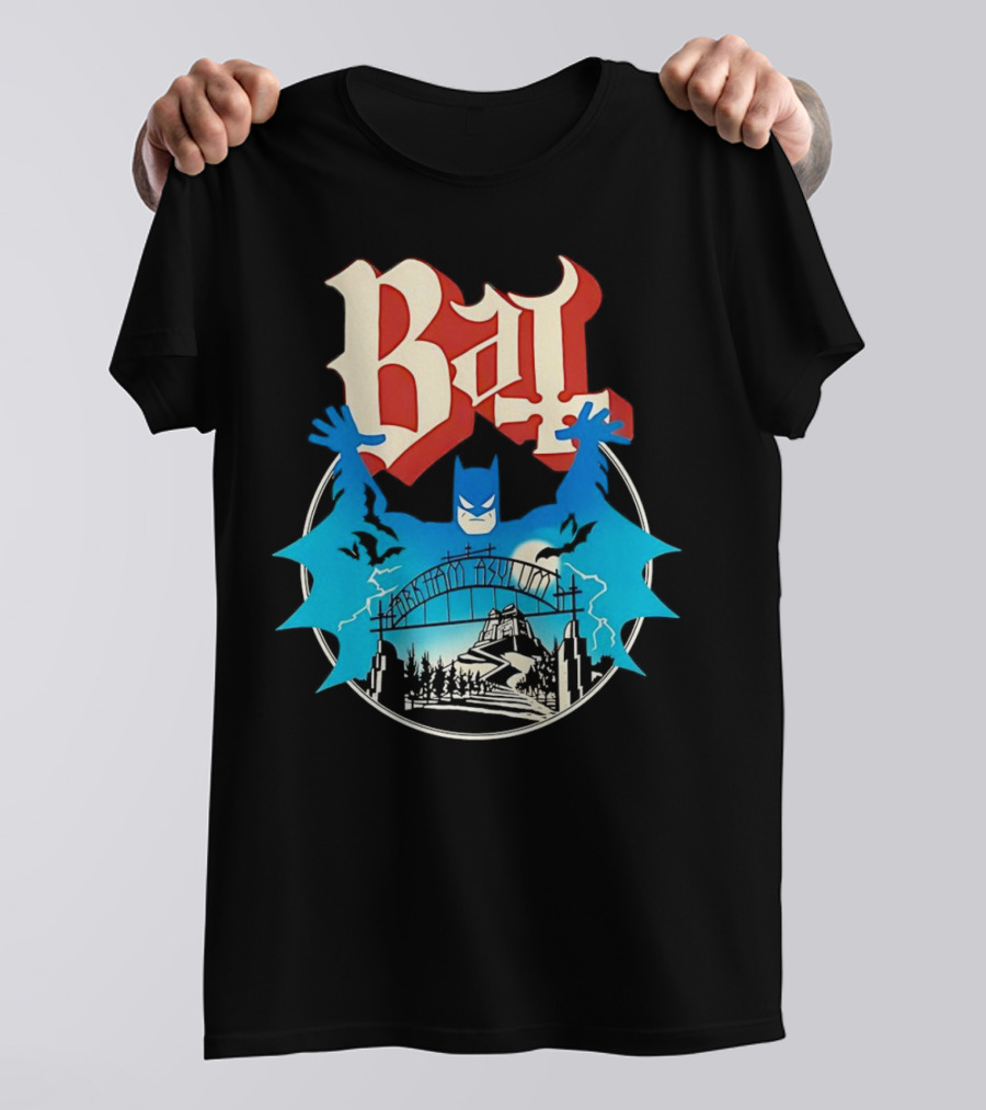 Bat Gotham Asylum Blue Bat Symbol And Red Gothic Font T-Shirt