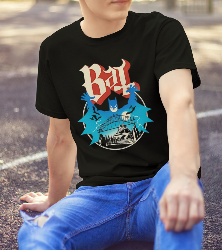 Bat Gotham Asylum Blue Bat Symbol And Red Gothic Font T-Shirt