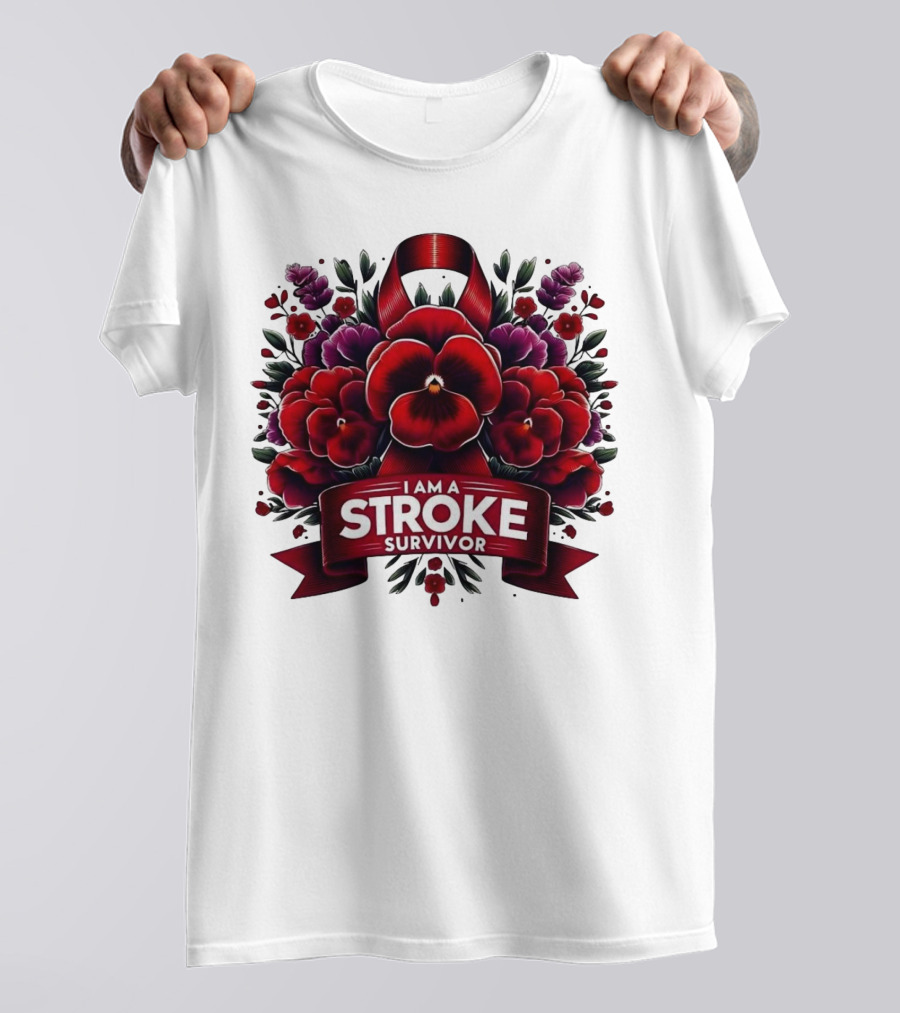 I Am A Stroke Survivor Red Ribbon And Floral Bouquet T-Shirt