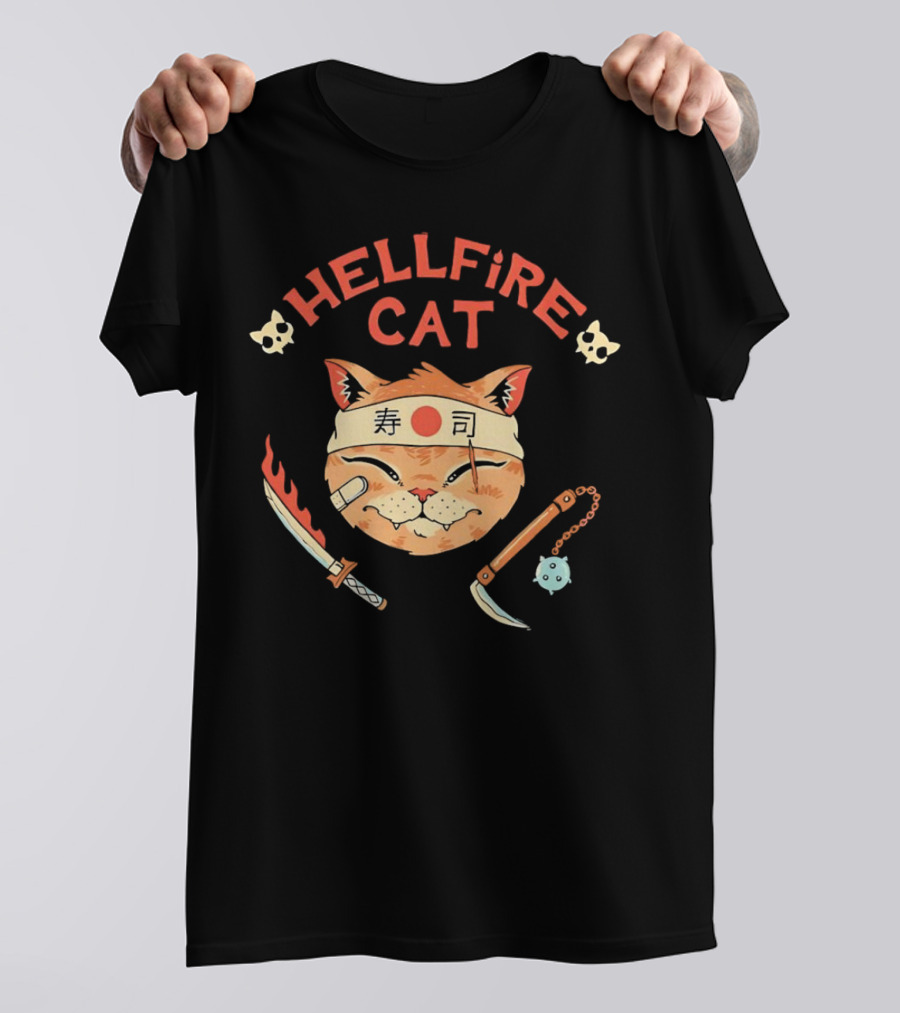 Hellfire Cat Sushi Samurai With Nunchaku And Flaming Sword T-Shirt