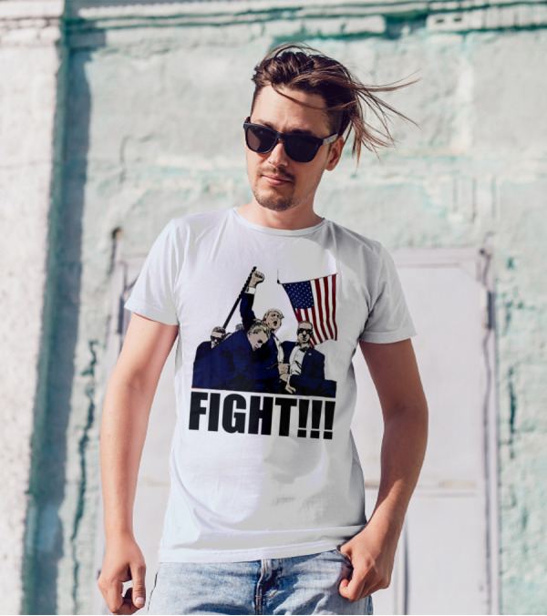 FIGHT Strong Hand USA Cartoon Trump With American Flag T-Shirt