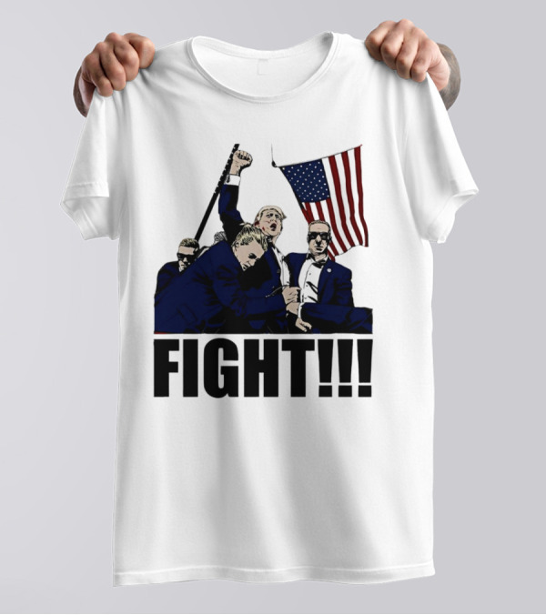 FIGHT Strong Hand USA Cartoon Trump With American Flag T-Shirt