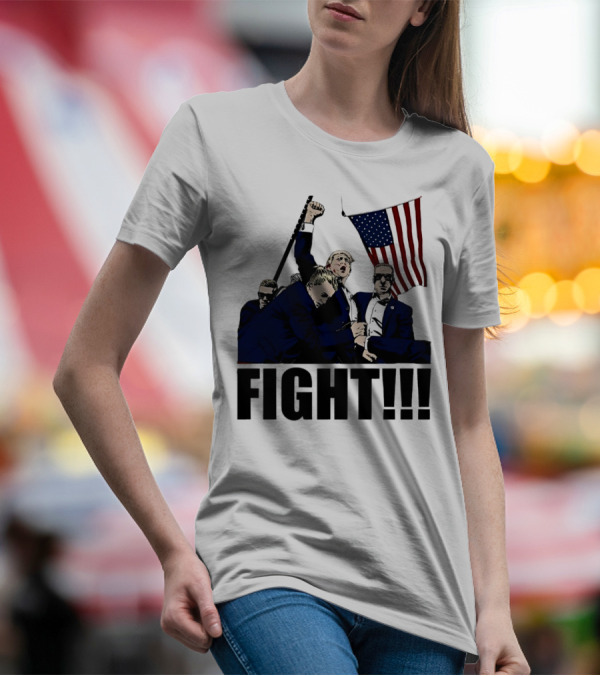 FIGHT Strong Hand USA Cartoon Trump With American Flag T-Shirt
