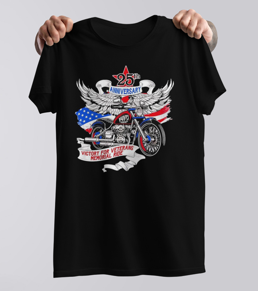 25th Anniversary Victory For Veterans Memorial Ride Motorcycle With Wings And Flag T-Shirt