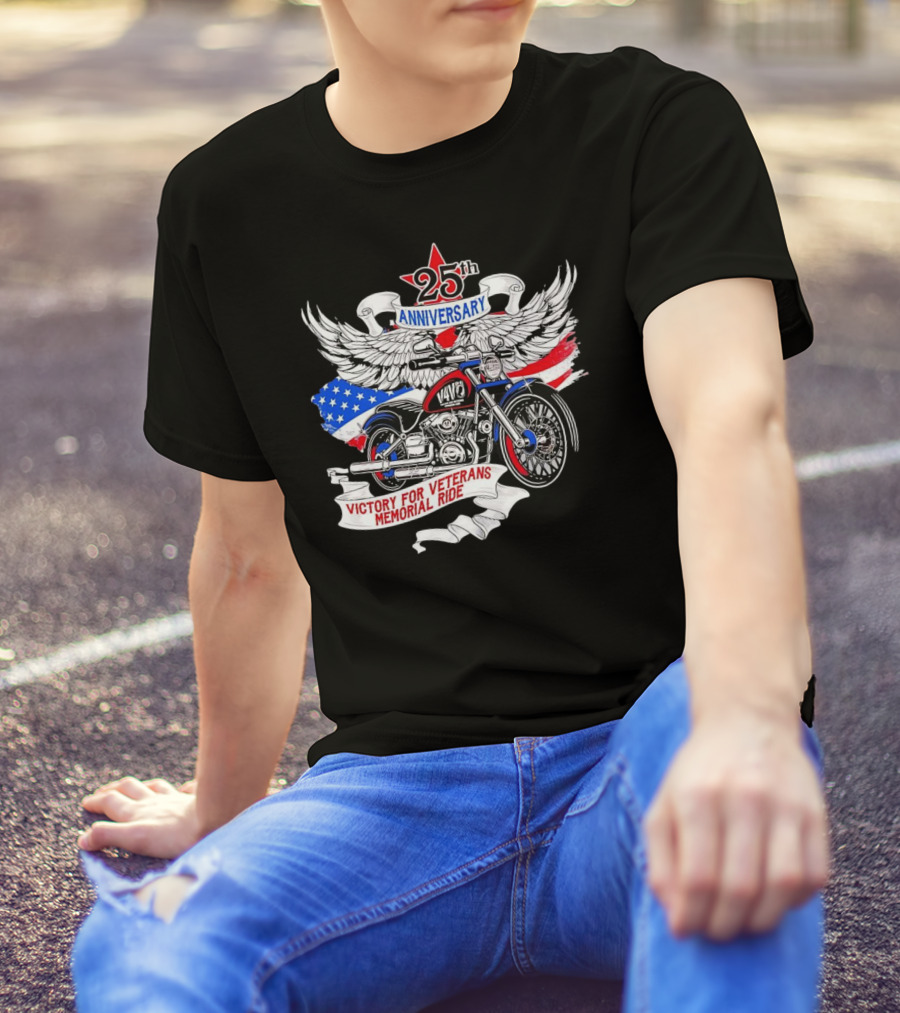 25th Anniversary Victory For Veterans Memorial Ride Motorcycle With Wings And Flag T-Shirt