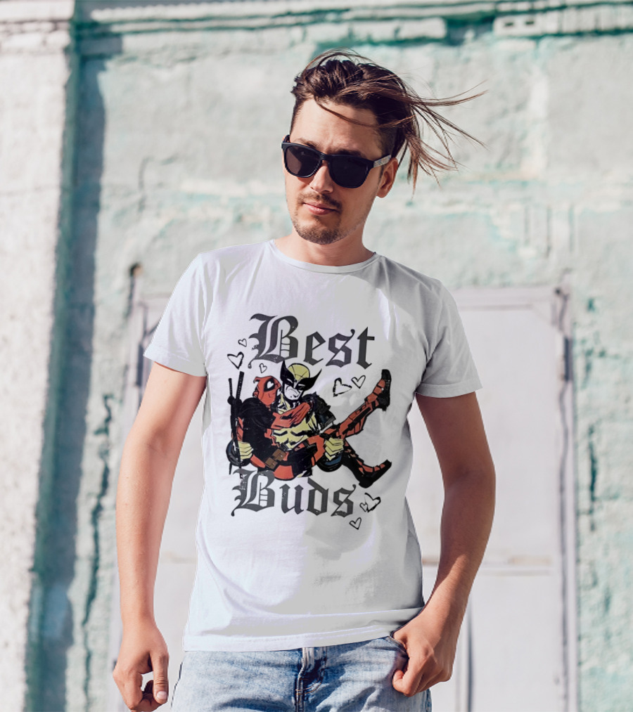 Best Buds Wolverine Carrying Deadpool With Hearts T-Shirt