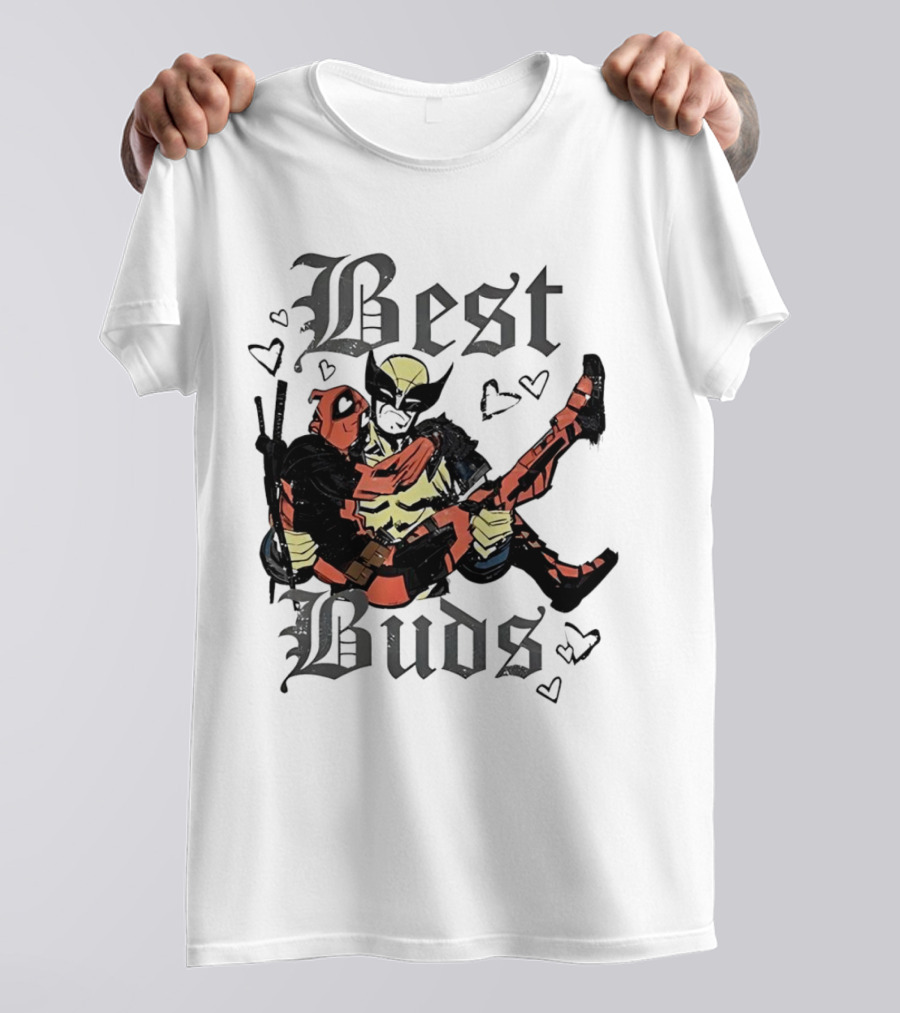 Best Buds Wolverine Carrying Deadpool With Hearts T-Shirt