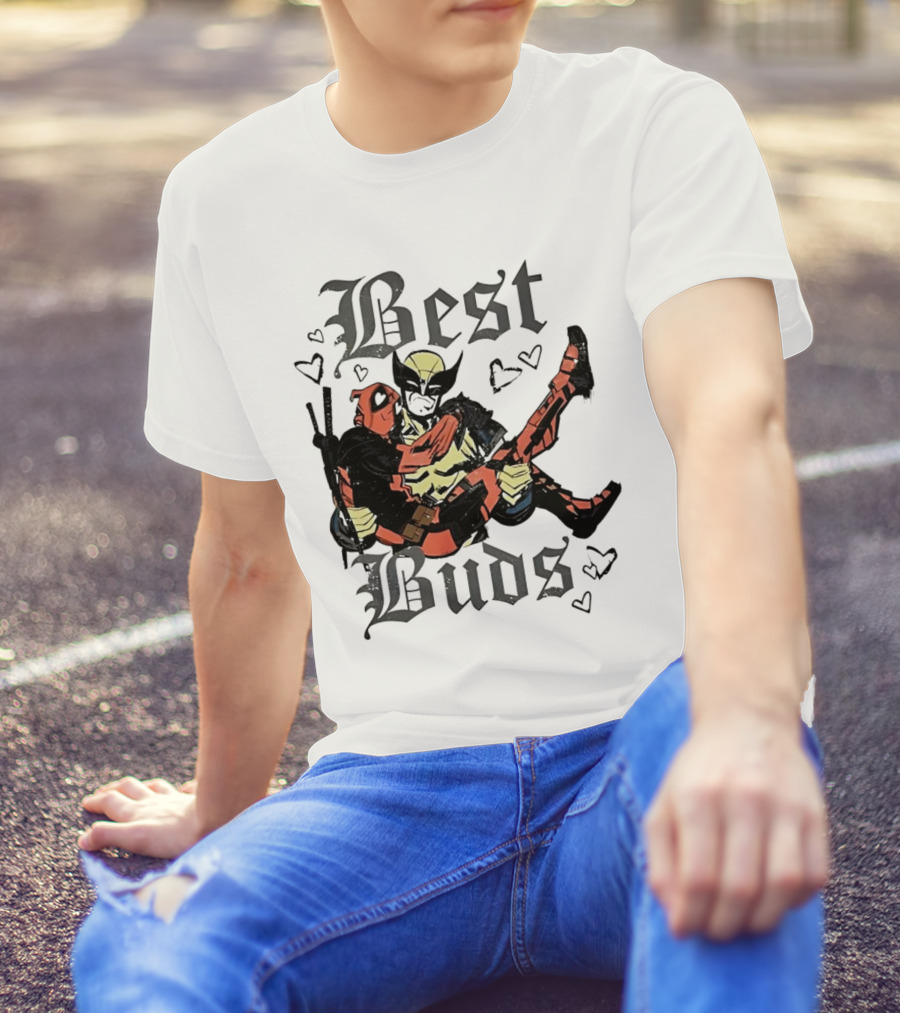 Best Buds Wolverine Carrying Deadpool With Hearts T-Shirt