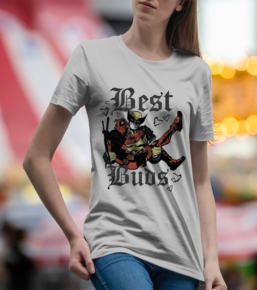 Best Buds Wolverine Carrying Deadpool With Hearts T-Shirt