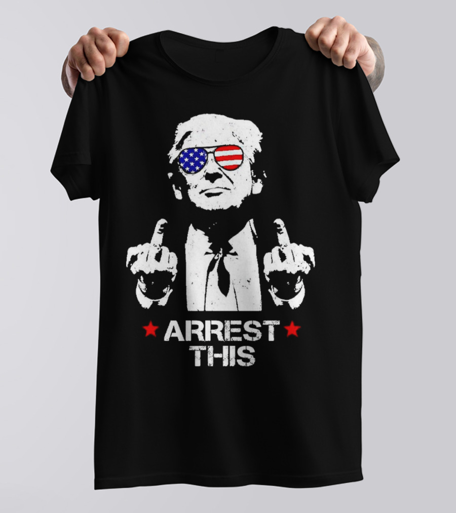 Donald Trump 2024 Arrest This American Flag Sunglasses Middle Finger Gesture T-Shirt