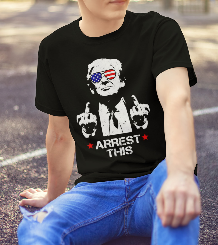 Donald Trump 2024 Arrest This American Flag Sunglasses Middle Finger Gesture T-Shirt