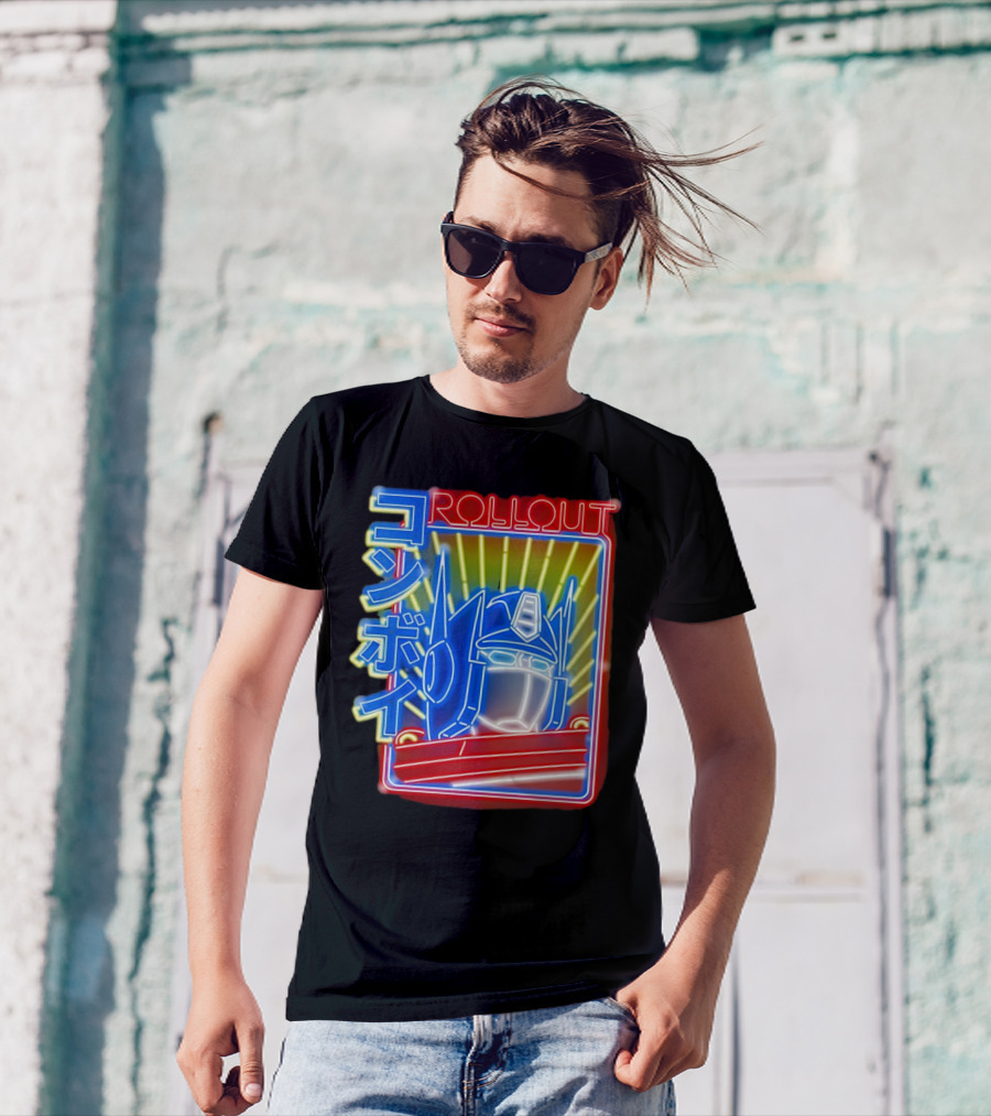 Rollout Neon Prime Robot Head With Japanese Characters T-Shirt