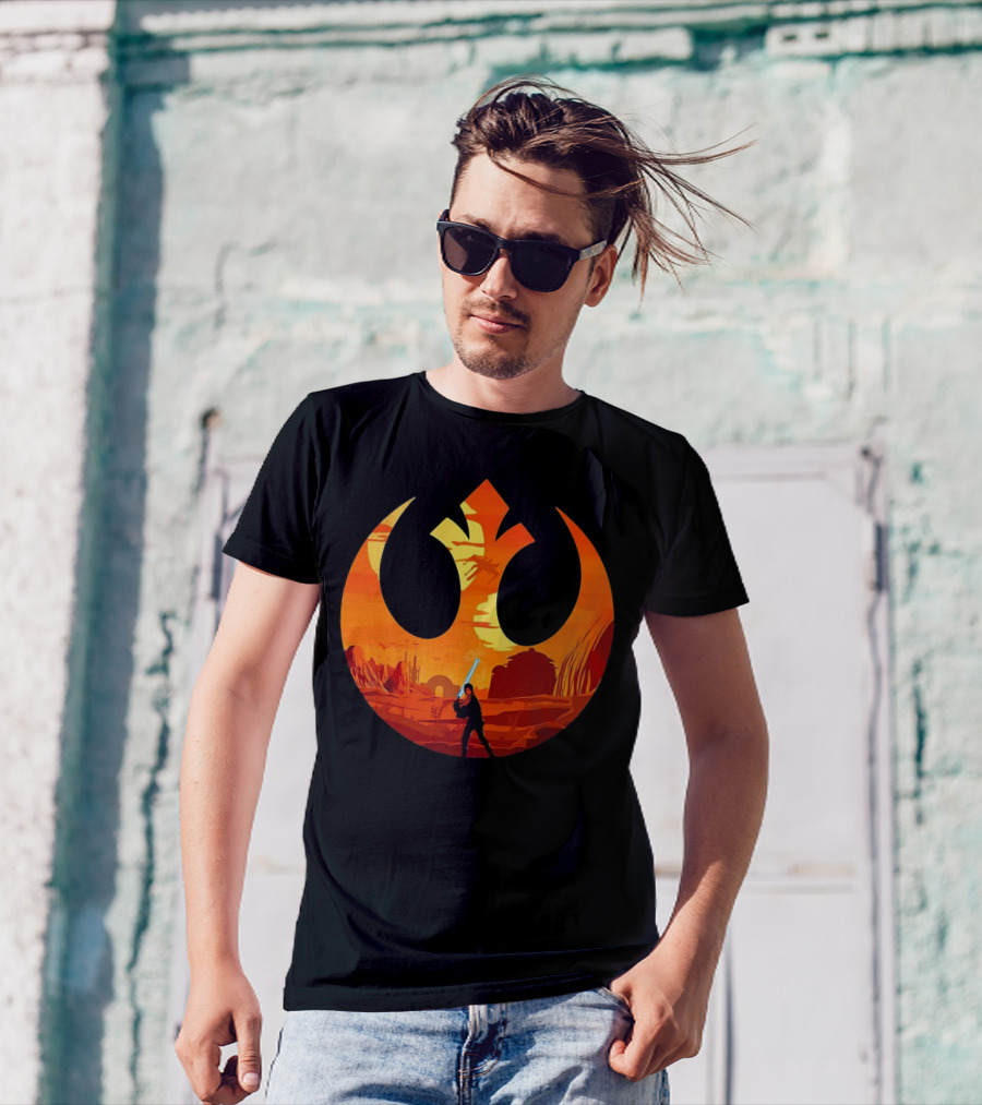 Luke Skywalker The Knight Farmer Tatooine Rebel Symbol Sunset Scene T-Shirt