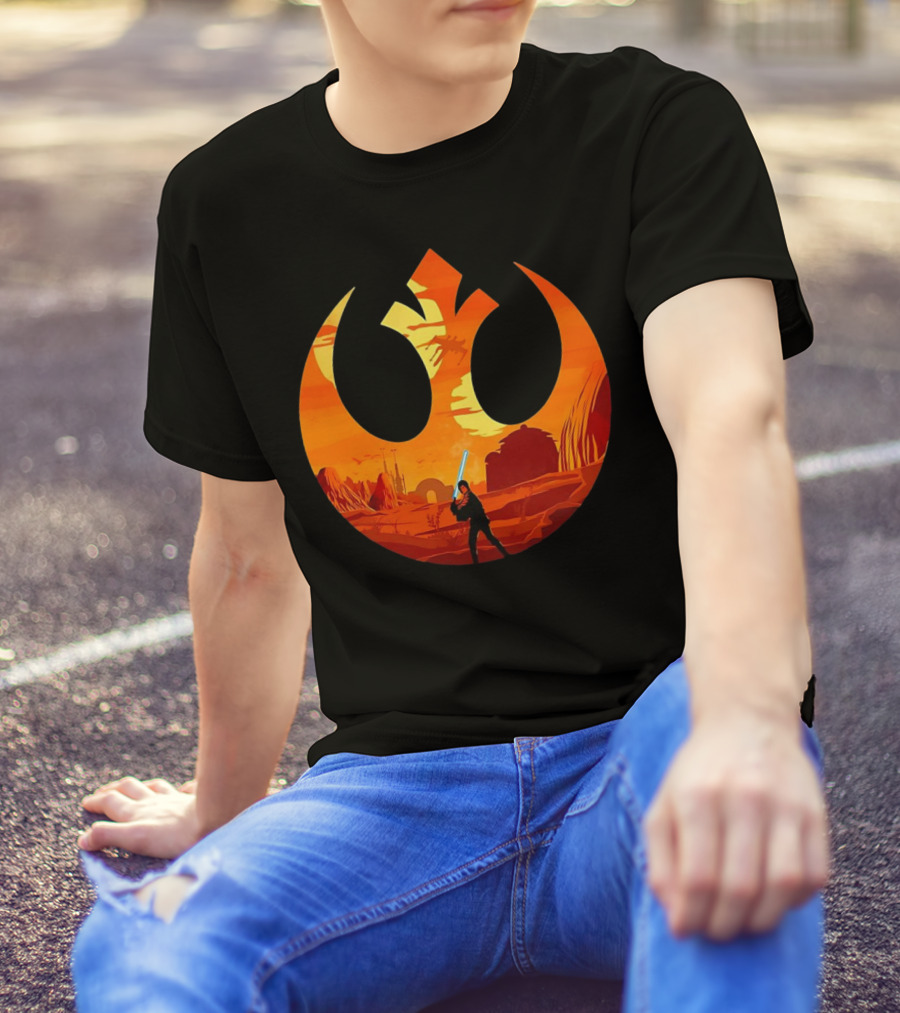 Luke Skywalker The Knight Farmer Tatooine Rebel Symbol Sunset Scene T-Shirt