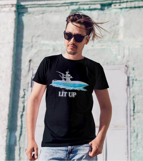 LIT UP Boat Illuminated With Blue Waves T-Shirt