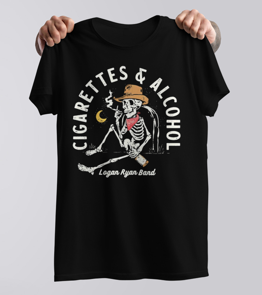 Logan Ryan Band Cigarettes And Alcohol Skeleton In Cowboy Hat Smoking With Bottle And Moon T-Shirt