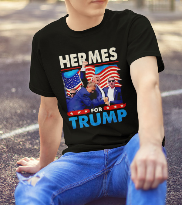 HERMES FOR TRUMP USA Patriotic Imagery With American Flags T-Shirt