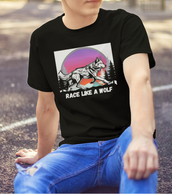 Race Like A Wolf Running Through Forest Silhouette At Sunset T-Shirt