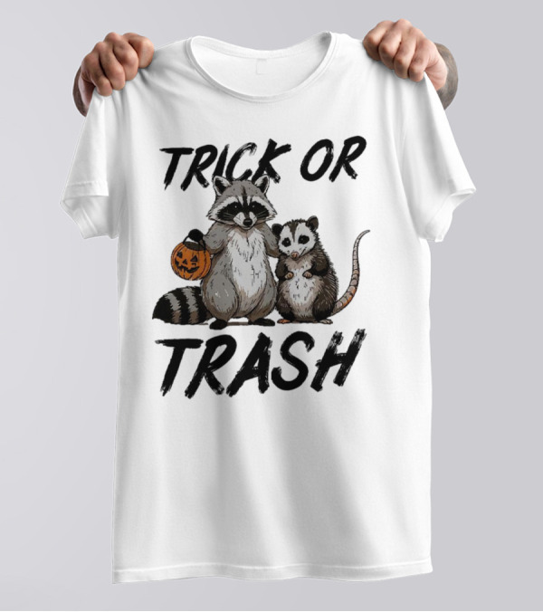 Trick Or Trash Halloween Raccoon With Pumpkin T-Shirt