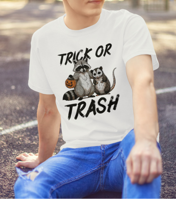 Trick Or Trash Halloween Raccoon With Pumpkin T-Shirt